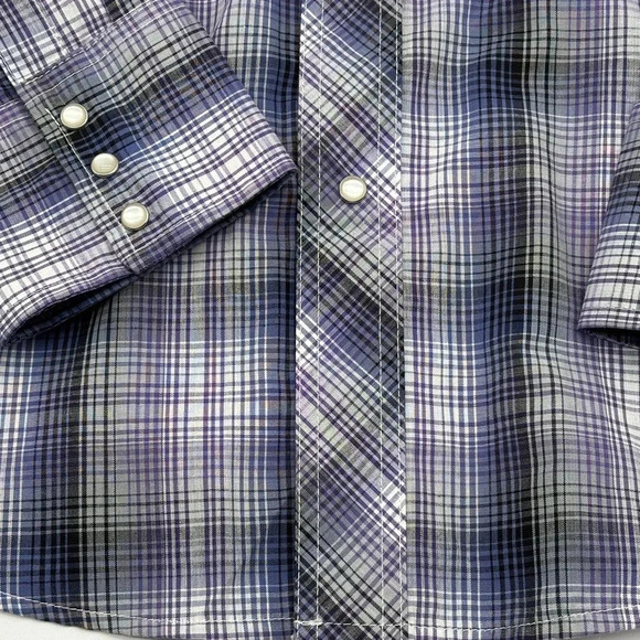 WRANGLER Pearl Snap Western Shirt Long Sleeve Men's Size Large Purple Plaid - Picture 4 of 7